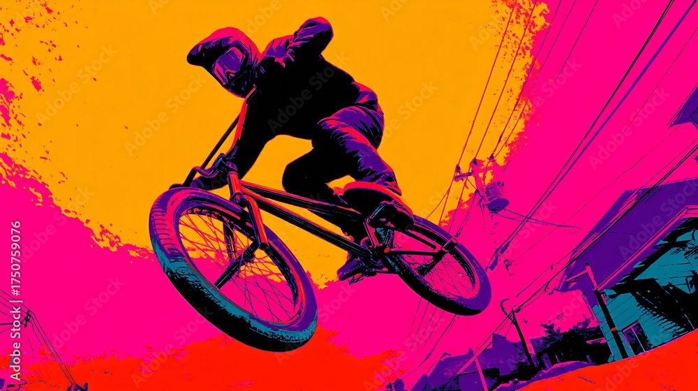 Naklejka premium Dynamic bmx rider performing a spin in mid-air with neon tones of orange and magenta vibrance