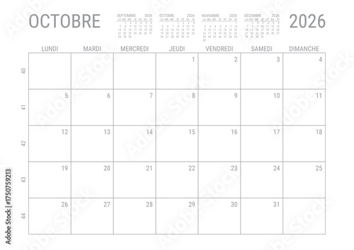 Octobre 2026 Calendrier Mensuel Planificateur avec Numero de Semaine à imprimer A4	