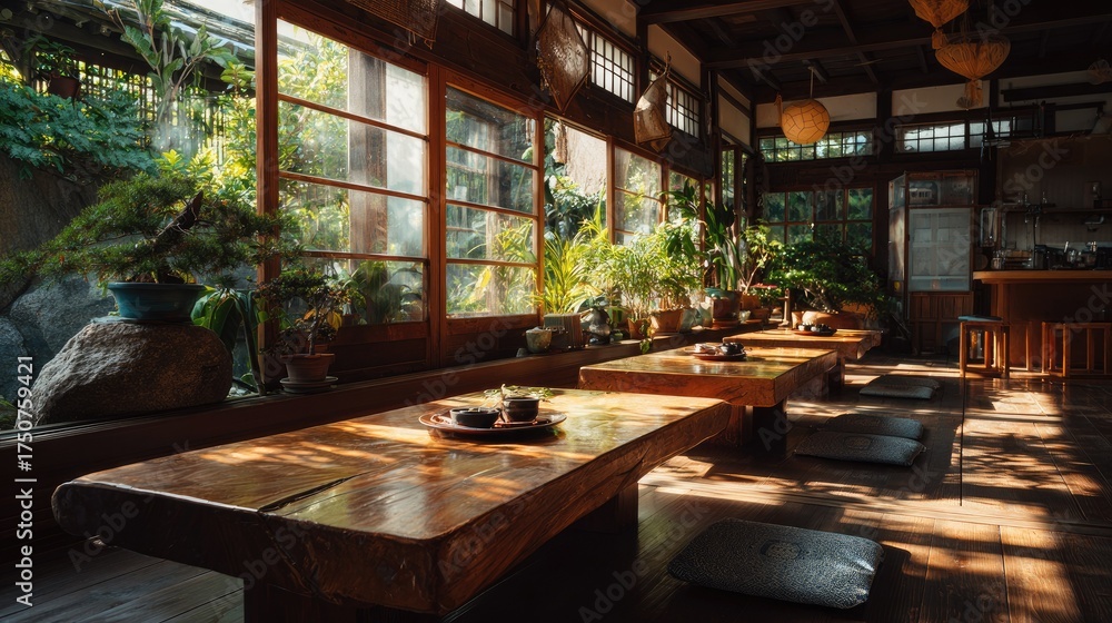 Fototapeta premium Serene Japanese Dining Room with Natural Light and Cozy Atmosphere Surrounded by Nature and Greenery