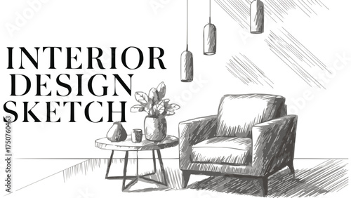 Hand drawn interior sketch with modern armchair coffee table and pendant lamps in minimalist living room