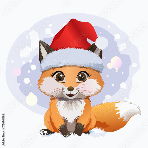 Ein flauschiges Fuchsbaby mit roter Weihnachtsmütze sitzt im glitzernden Schnee