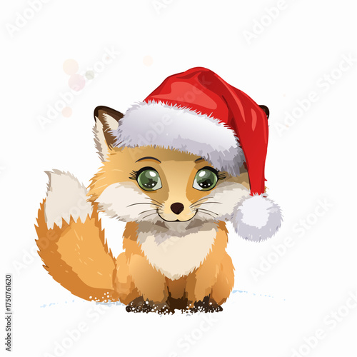 Ein flauschiges Fuchsbaby mit roter Weihnachtsmütze sitzt im glitzernden Schnee