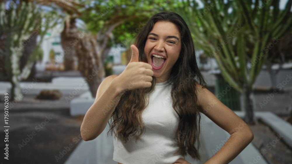 Obraz premium Young hispanic woman shows bare thumb in thumbs up gesture in green park outdoors under daylight; approval.