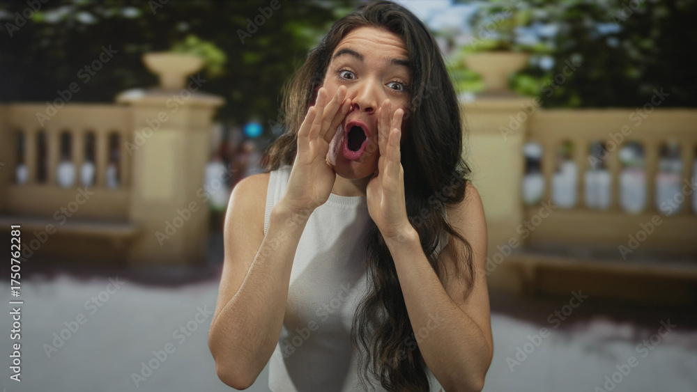 Fototapeta premium Woman in white tank top with hands cupping her mouth shouting on a busy city street during daytime; excitement.