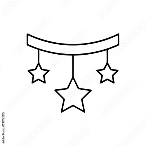 Hanging stars on curved line on transparent background