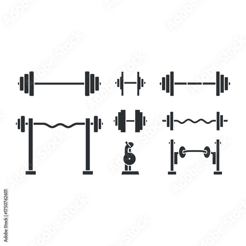 Barbell Fitness Icon Set – Gym, Weightlifting, and Workout Equipment Symbols