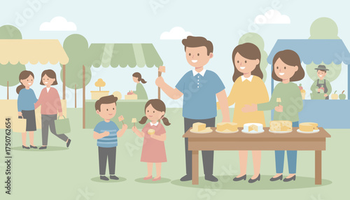 Happy family enjoys cheese tasting at a vibrant outdoor market Lifestyle food community