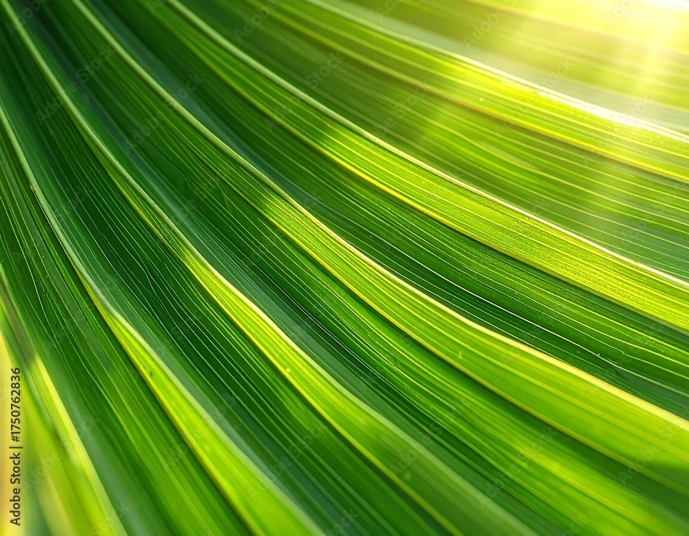 Obraz premium Close up view of vibrant green palm frond with sunlight streaming through the leaves creating a 3d effect and casting shadows
