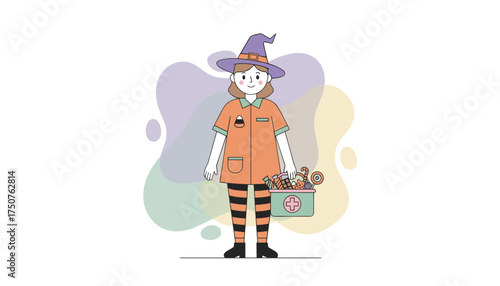 Cute witch nurse with a hat and striped socks holding a box full of Halloween candy