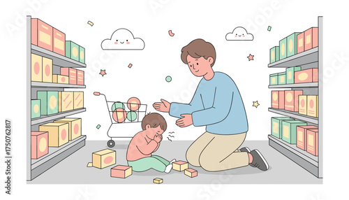 Caring parent comforts upset child having a tantrum in a supermarket aisle Parenting challenges
