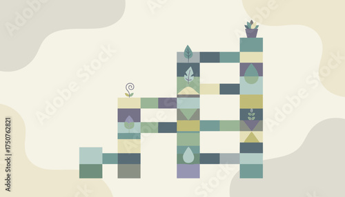 Geometric blocks with plant and water symbols illustrate growth nature and sustainability