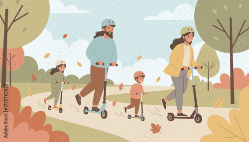 Happy family riding scooters together in an autumn park Active leisure outdoor fun parenting