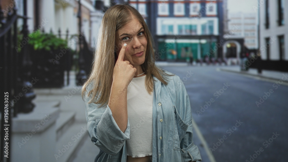 Fototapeta premium Young woman in denim shirt and white tanktop pointing finger toward camera on an urban street; highlight confidence.