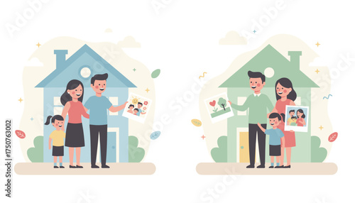 Smiling families standing proudly by their homes holding precious photos