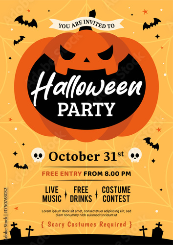 Halloween Party invitation poster vector design. Spooky laughing Jack o' lantern