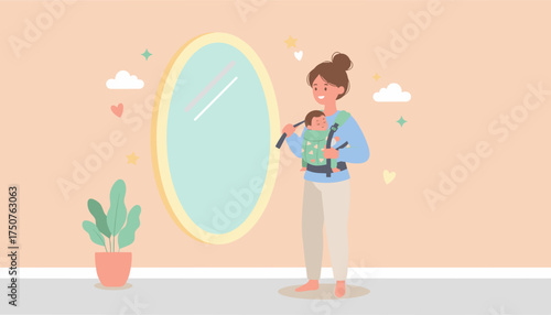 Smiling mother carries sleeping baby in a front carrier reflecting warmth and maternal bond in a cozy home