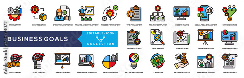 Business Goals Lineal Color Icon Collection. Containing cost reduction, employee satisfaction, training development, process improvement, time management