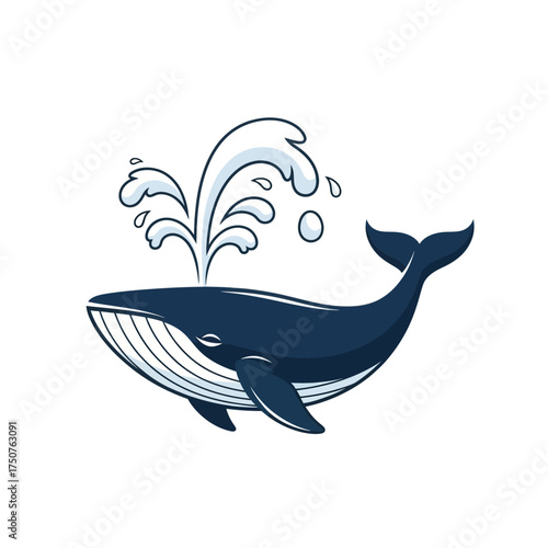 Stylized blue whale spouting water from its blowhole. Marine life and ocean animal vector illustration isolated on white.