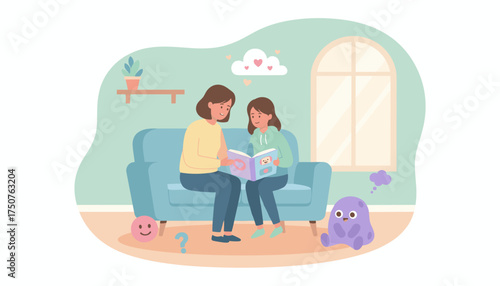 Mother and daughter bonding over a storybook on a sofa depicting love family and education
