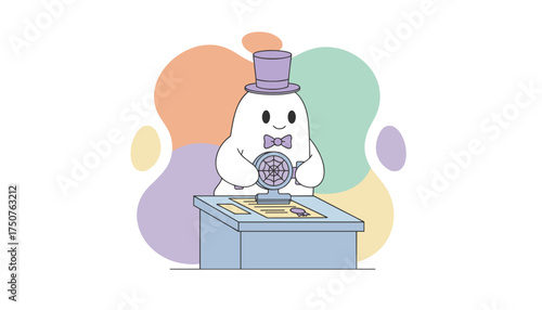 Cute ghost in a top hat stamping a document at a desk symbolizing approval or digital service