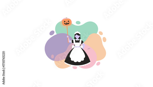 Halloween maid holding a glowing pumpkin staff abstract background Festive holiday fun concept