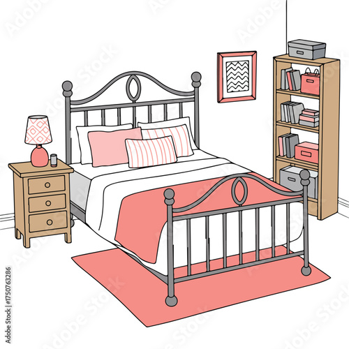 Comfortable hotel bedroom interior with bed, pillow, lamp, and wooden furniture design decor