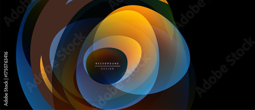 Abstract colorful layers create dynamic circular design. Gradient hues blend, forming modern background element. Text reads background design.
