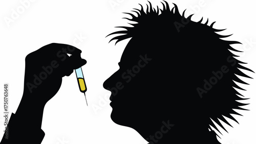 Silhouette of a person with spiky hair holding a syringe, offering healthcare and medical concepts