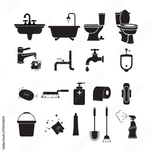 Bathroom and hygiene silhouette icon set