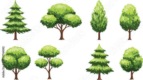 Collection of Cartoon Trees, Green Forest Trees, Pine and Deciduous Tree Icons, Nature Illustration Set for Landscape Design, Ecology Projects