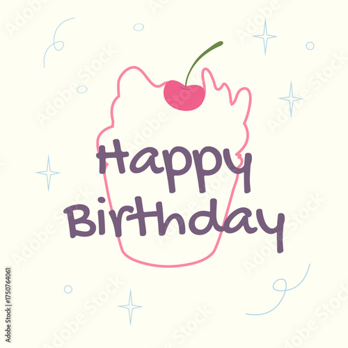 Minimalist birthday card with small cupcake and “Happy Birthday” text. Simple clean vector illustration perfect for greeting cards, invitations, or prints.