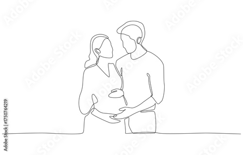 Continuous one line drawing of couple embracing and cherishing the moment of pregnancy, symbolizing warmth, love, and anticipation of new life, single line art