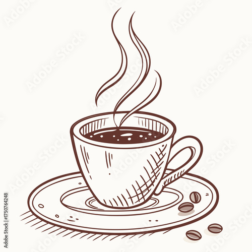 A charming hand drawn sketch of a steaming cup of coffee on a saucer with coffee beans scattered nearby perfect for morning beverage themes