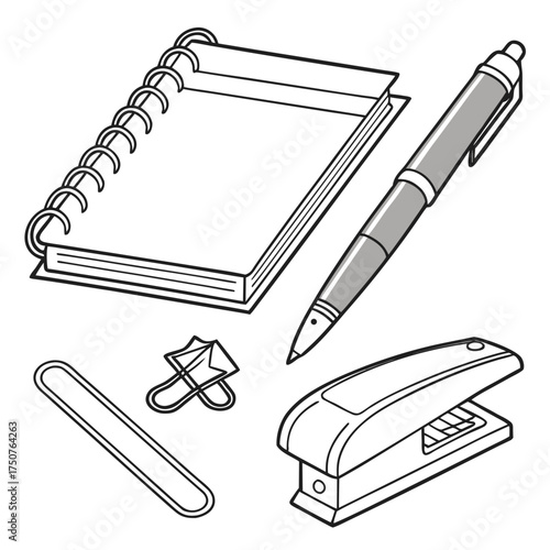 A collection of essential office supplies including a spiral bound notebook a pen a stapler a binder clip and a ruler depicted in a clean outline illustration style on a white background