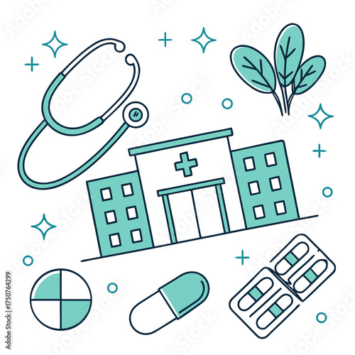A clean and modern illustration of medical icons including a stethoscope hospital building pills and plants set against a white background with decorative sparkles and crosses