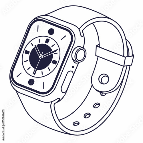 A minimalist line art illustration of a modern smartwatch with a classic analog watch face displayed on its screen isolated on a white background