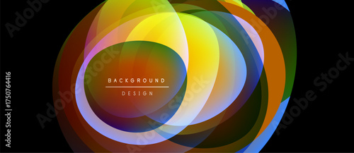 Abstract colorful layers create dynamic circular design. Vibrant hues blend, forming modern background element. Smooth gradients offer visual interest.