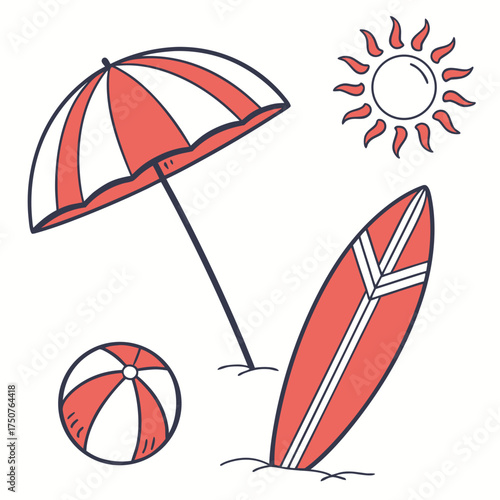 A playful and vibrant illustration of essential beach vacation elements including a striped umbrella a sun a striped beach ball and a surfboard all set against a clean white background