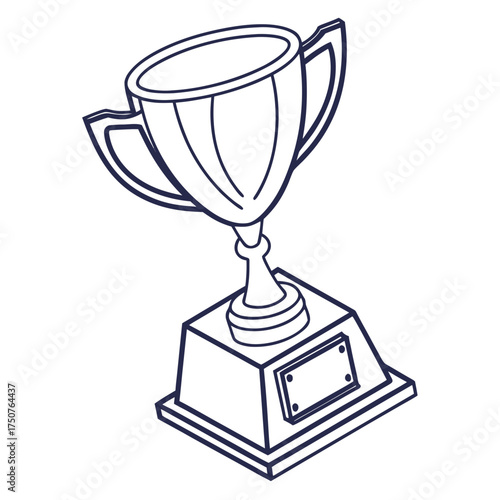 A simple line art drawing of a classic trophy with two handles and a rectangular base featuring a blank plaque for personalization representing achievement and victory
