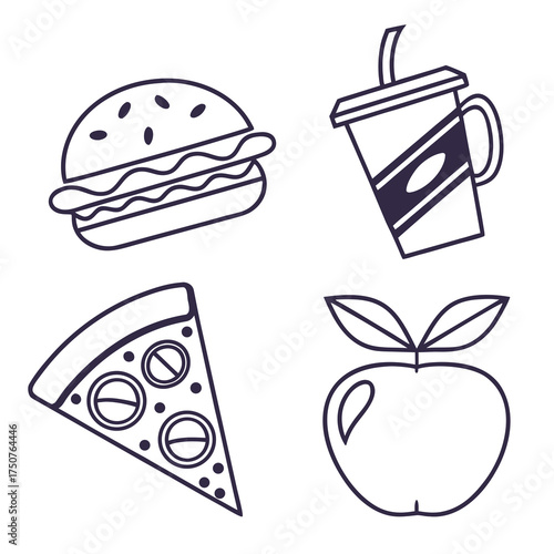 A simple line art illustration featuring a hamburger a soda cup a slice of pizza and an apple perfect for food related designs