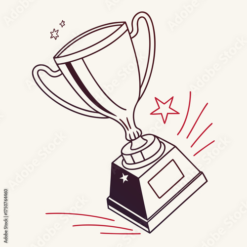A stylized hand drawn illustration of a champion trophy with a dark base and a blank plaque adorned with red stars and motion lines symbolizing victory and achievement