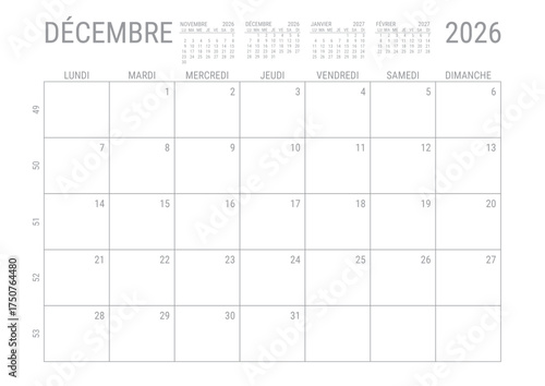Décembre 2026 Calendrier Mensuel Planificateur avec Numero de Semaine à imprimer A4	