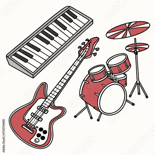 A vibrant collection of musical instruments including a red bass guitar a keyboard a drum set with cymbals and a white background
