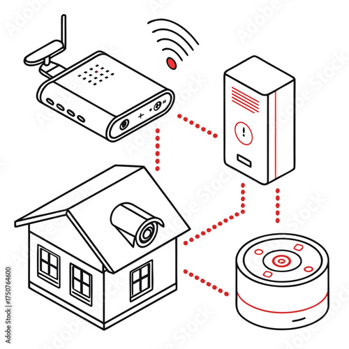 Diagram illustrating smart home technology including a router camera security system and smart device connected wirelessly for home automation and security monitoring