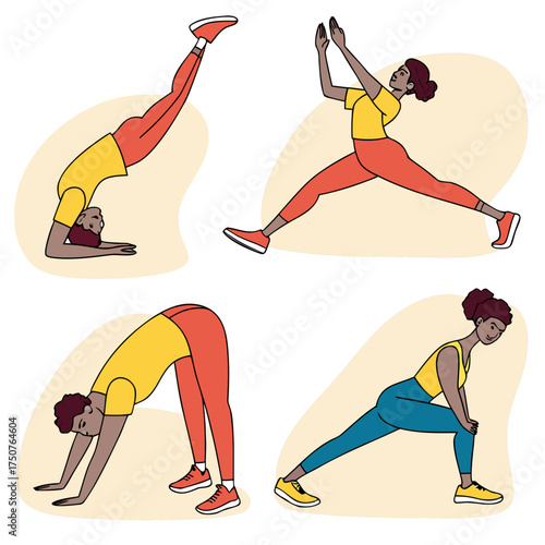 Diverse women performing various yoga and stretching poses for a healthy lifestyle promoting fitness and wellness through dynamic movement and flexibility exercises