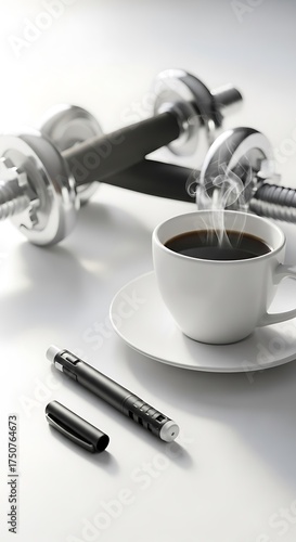 Morning Motivation - Coffee, Dumbbells, and a Pen for Success.