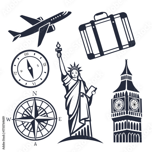 Iconic travel symbols including an airplane suitcase statue of liberty big ben and compasses for global exploration and adventure planning
