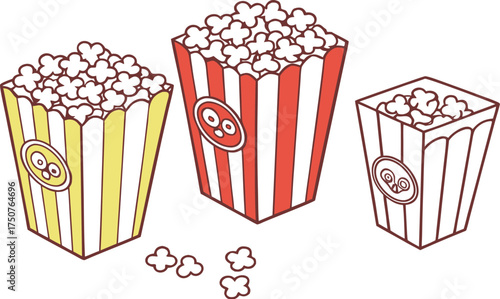 This colorful cartoon vector illustration features a popcorn box icon next to a soda drink container, symbolizing a classic movie cinema snack set