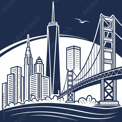 Iconic new york city skyline featuring the freedom tower and brooklyn bridge against a deep blue sky with a soaring bird and stylized waves below