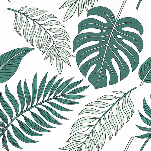Seamless pattern of various tropical palm leaves and monstera leaves in shades of teal and light green on a white background perfect for summer and nature designs